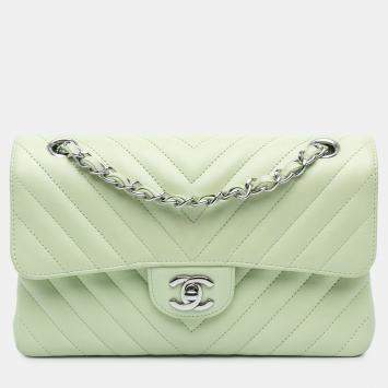 Pre Owned Chanel Green Small Classic Chevron Lambskin Double Flap