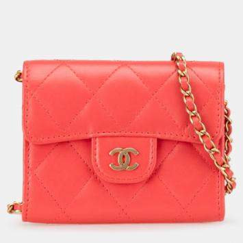 Pre Owned Chanel Red Quilted Lambskin Flap Card Holder on Chain