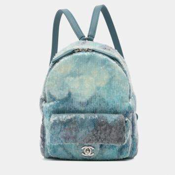 Pre Owned Chanel Blue Mini Sequins and Lambskin Waterfall Backpack