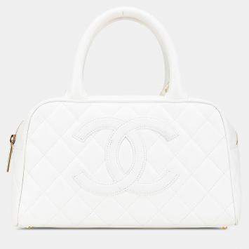 Pre Owned Chanel White CC Quilted Caviar Bowling Bag