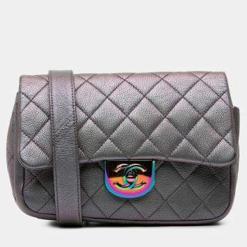 مملوكة مسبقًا Chanel Purple Small Iridescent Goatskin Rainbow Hardware Double Carry Waist Chain Flap