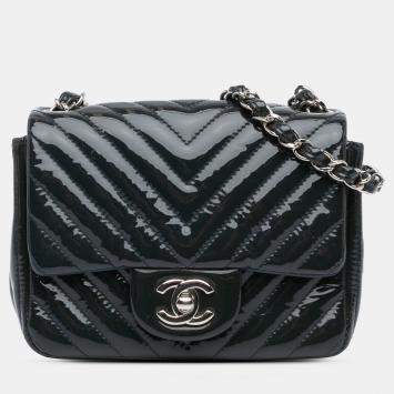 Pre Owned Chanel Blue Mini Square Classic Chevron Patent Single Flap