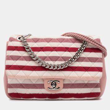 Pre Owned Chanel Pink White Jumbo Stripe Jersey Felt and Rope Flap