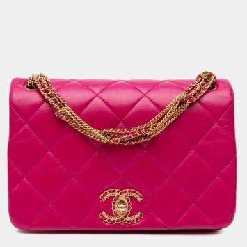 Pre Owned Chanel Pink Small Quilted Lambskin On And On Chain Flap