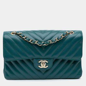 Pre Owned Chanel Blue Small Classic Chevron Caviar Double Flap