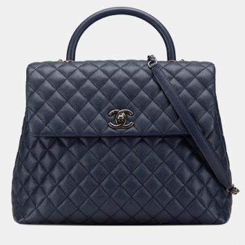 Pre Owned Chanel Blue Large Caviar Coco Top Handle Bag