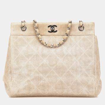 Pre Owned Chanel Brown CC Stitched Linen Chain Tote