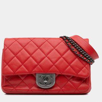 Pre Owned Chanel Red Small Quilted Goatskin Double Carry Waist Chain Flap