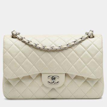 Pre Owned Chanel White Jumbo Classic Caviar Double Flap