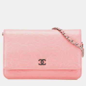 Pre Owned Chanel Pink CC Embossed Lambskin Camellia Wallet On Chain