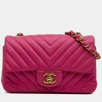 Pre Owned Chanel Pink Mini Rectangular Classic Chevron Lambskin Single Flap