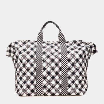 Pre Owned Chanel Black White Printed Canvas Gingham Weekender Tote