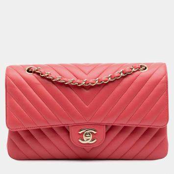 Pre Owned Chanel Pink Medium Classic Chevron Lambskin Double Flap