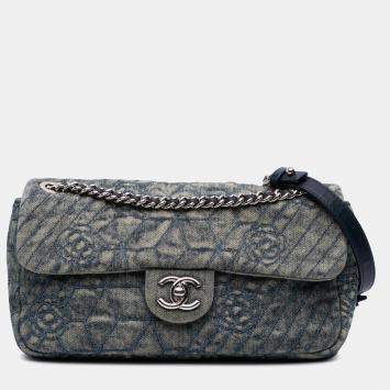 Pre Owned Chanel Blue Medium Embroidered Denim Camellia Flap