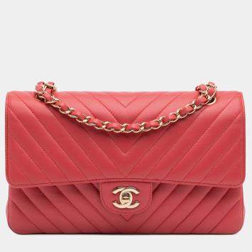 Pre Owned Chanel Red Medium Classic Chevron Lambskin Double Flap