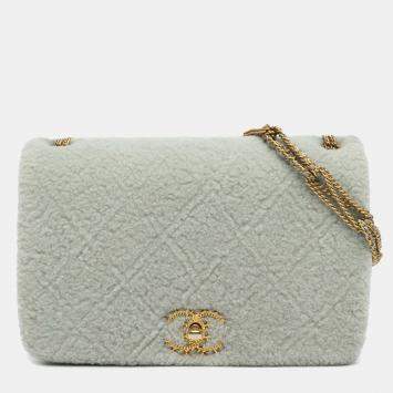 Pre Owned Chanel Grey Quilted Shearling Chain Flap