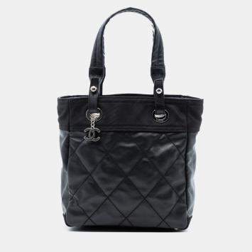 Pre Owned Chanel Black Small Quilted Coated Canvas Paris Biarritz Tote