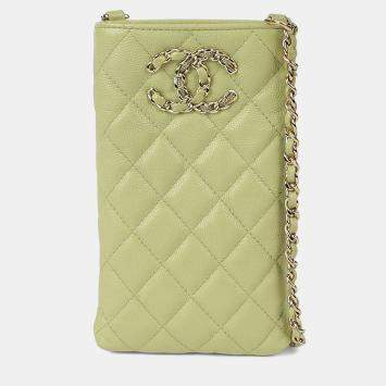 Pre Owned حقيبة هاتف شانيل شعارات سي سي جلد أخضر كافيار