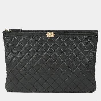 Pre Owned حقيبة كلتش شانيل بوي كافيار جلد أسود كبيرة