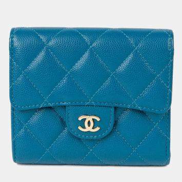Pre Owned Chanel Classic Small Blue Caviar Grained Calfskin Leather Wallet