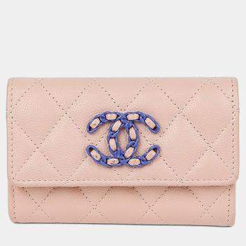 Pre Owned Chanel 19 Pink Caviar Leather Flap Card Holder