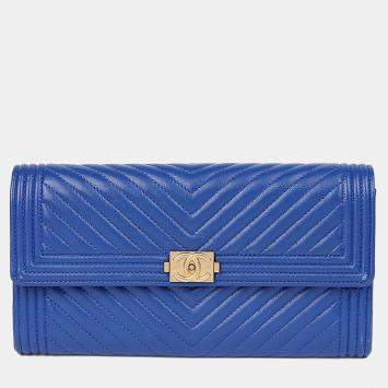 Pre Owned Chanel Boy Classic Long Blue Lambskin Wallet