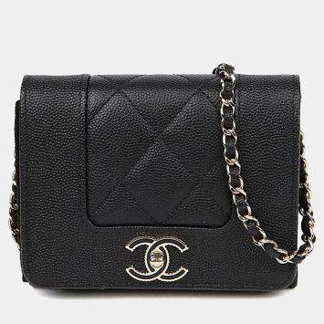 Pre Owned Chanel Mademoiselle Black Caviar Leather Wallet On Chain