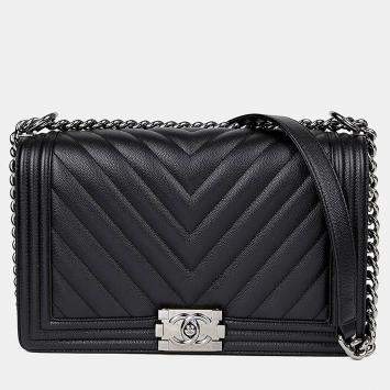 Pre Owned Chanel Boy Large Black Caviar Leather Crossbody Bag