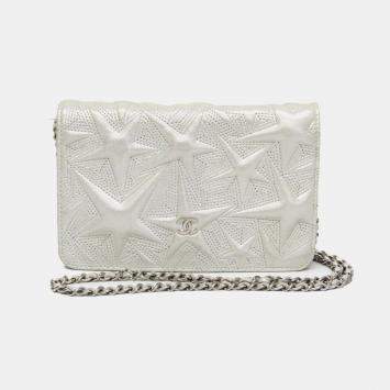 Pre Owned Chanel Star Emboss Lambskin Chain/Shoulder Wallet Silver