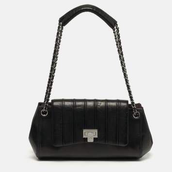 Pre Owned Chanel Accordion Black Vertical Quilted Leather Flap Bag