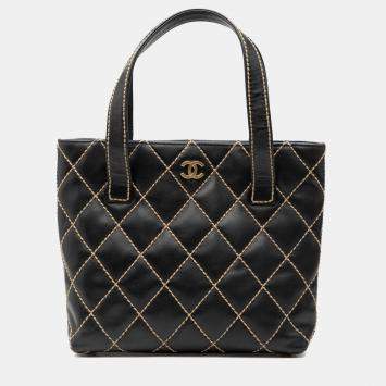 Pre Owned Chanel Black Small CC Quilted Calfskin Wild Stitch Tote