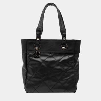 Pre Owned Chanel Black Small Quilted Coated Canvas Paris Biarritz Tote
