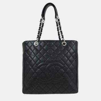 Pre Owned Chanel Black Calfskin Tote Chain Handbag