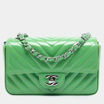 Pre Owned Chanel Green Mini Rectangular Classic Chevron Patent Single Flap
