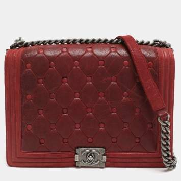 Pre Owned Chanel Boy Large Burgundy Chesterfield Quilted Nubuck Leather Flap Bag