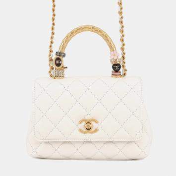 Pre Owned حقيبة شانيل بيضاء كوكو بمقبض علوي حقيبة باليد بطريقتين نموذج 2025 جلد خروف حجم صغير جدا