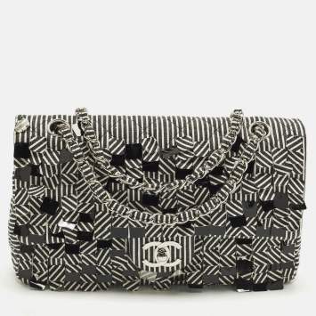 Pre Owned Chanel Medium Black/White Striped Quilted Fabric and Sequin Double Flap Bag