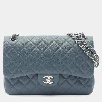مملوكة مسبقًا Chanel Deca Matelasse 30 Classic Large Double Flap Shoulder Bag In Grained Calfskin Leather Green