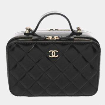 Pre Owned Chanel Top Handle Black Shiny Calfskin Vanity Bag