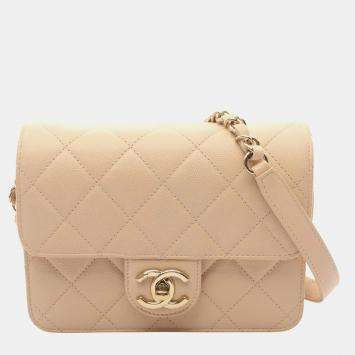 Pre Owned Chanel Matelasse Mini Flap Shoulder Bag In Beige Calfskin Leather