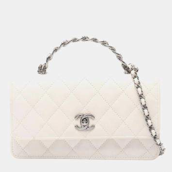 مملوكة مسبقًا Chanel Matelasse Top Handle Phone Case Shoulder Bag In Lambskin Leather White