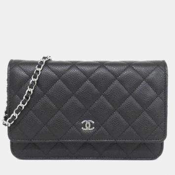Pre Owned Chanel Timeless Classic Line Black Leather Chain Wallet