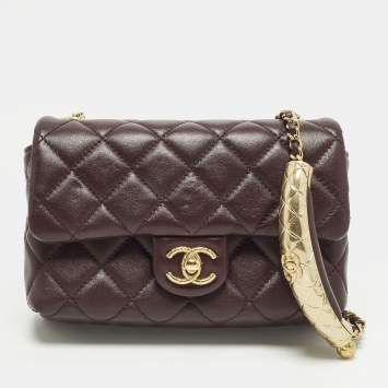 Pre Owned Chanel Rectangular Extra Mini Burgundy Quilted Leather Flap Bag
