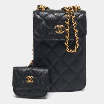 Pre Owned Chanel Black Quilted Caviar Leather Phone Holder Crossbody Bag