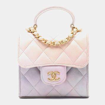 Pre Owned Chanel Pink CC Quilted Lambskin Ombre Top Handle Flap Clutch With Chain