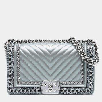 مملوكة مسبقًا Chanel Silver Old Medium Chevron Lambskin and Braided Tweed Jacket Boy Flap