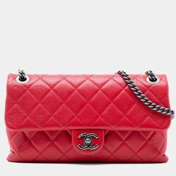 Pre Owned Chanel Red Medium Quilted Shiny Lambskin Burgundy Rocks Flap