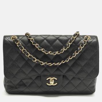 Pre Owned Chanel Classic Double Flap Jumbo Black Quilted Caviar Leather Shoulder Bag