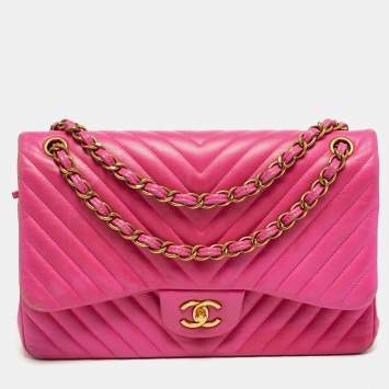 Pre Owned Chanel Classic Double Flap Jumbo Pink Chevron Leather Shoulder Bag