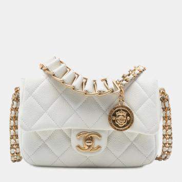 Pre Owned Chanel White Mini Quilted Caviar Chain Soul Flap